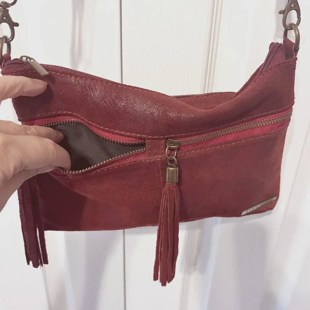 Borse In Pelle-Deines-Soft Calf Leather Crossbody Red Purse-Tassels-Adj Strap - Picture 8 of 15